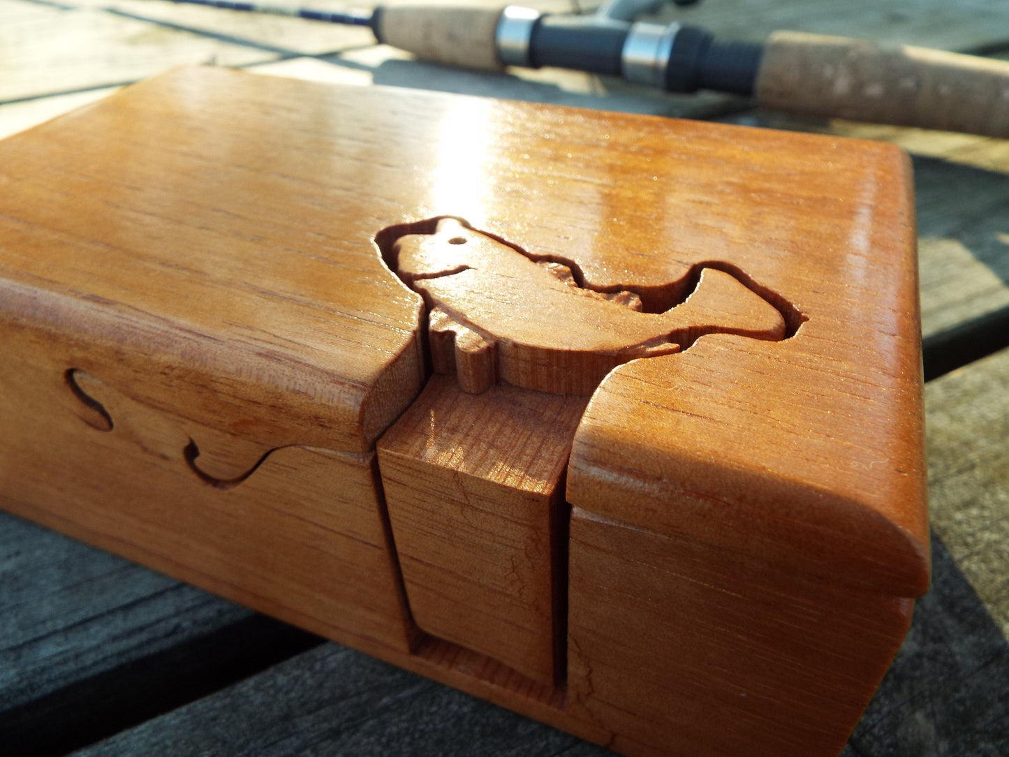 Gift for Angler, Bass Fishing Puzzle Box, Handmade Wooden Keepsake